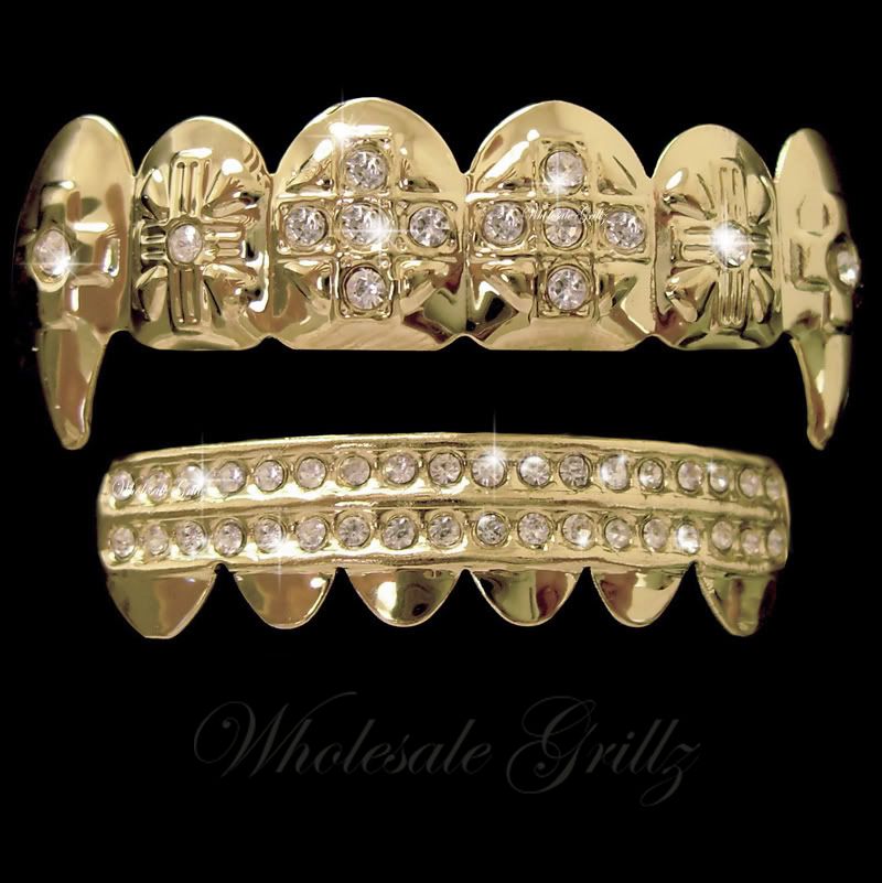 REAL 14K GOLD PLATED iced out Grill VAMPIRE Dracula Fang HIPHOP Teeth ICE GRILLZ eBay